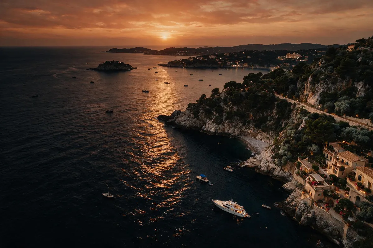 Mediterranean coastline at dusk with golden light