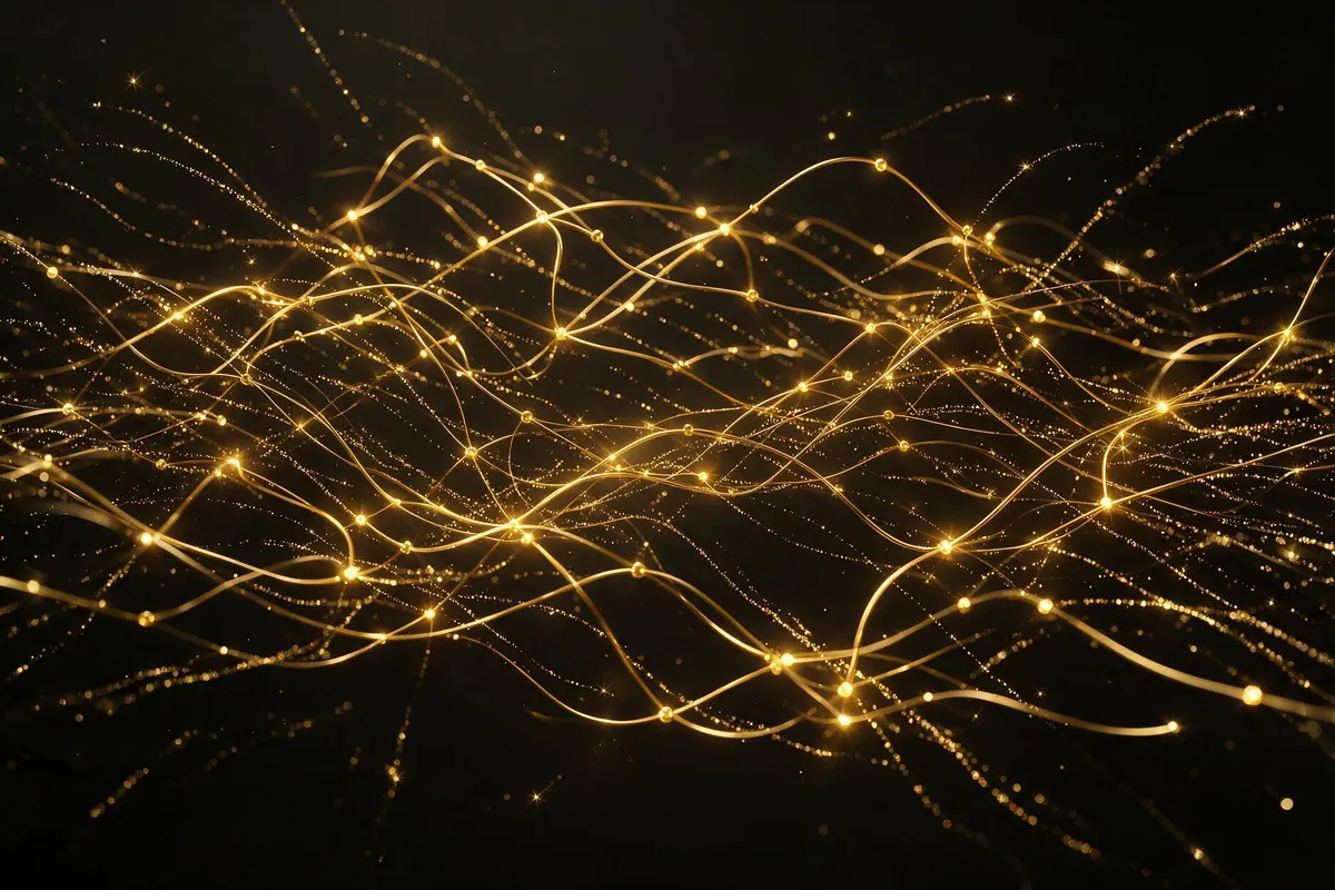 Golden neural network threads on black — AI marketing